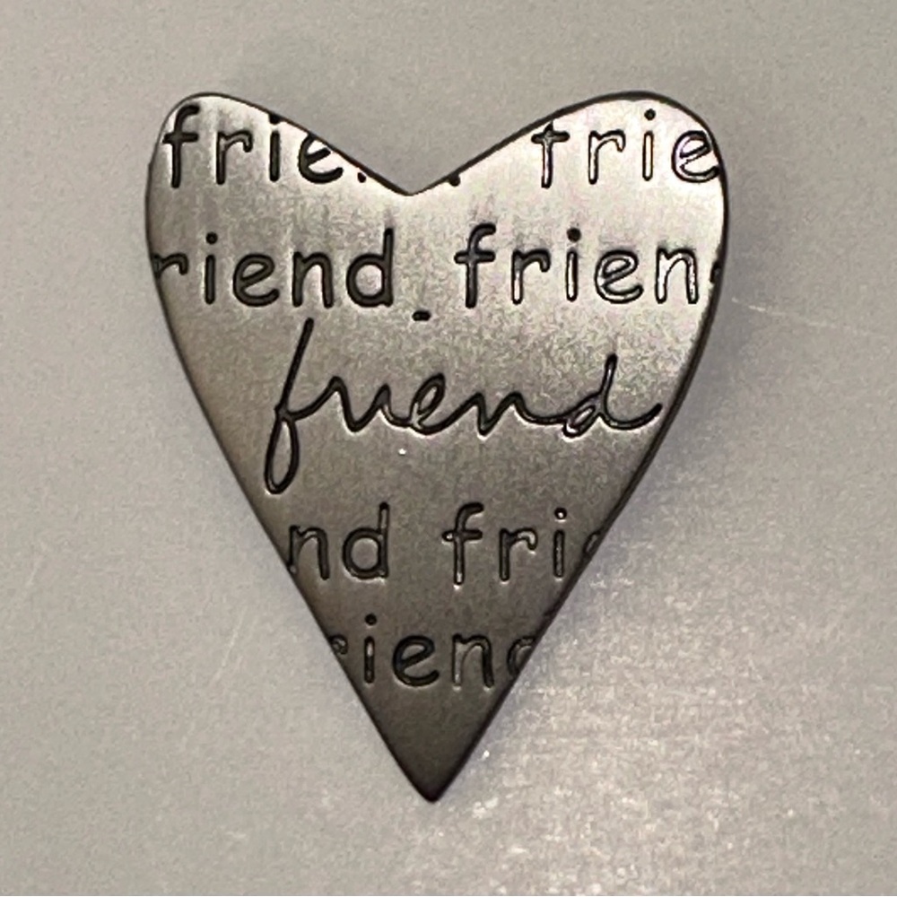 Friend Heart Pewter Tone‎ Heart-Shaped Brooch Signed Sandra Magsamen